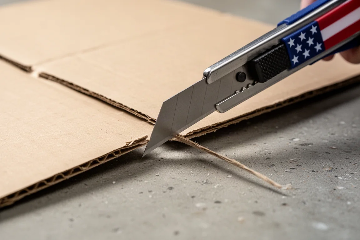 Lame de couteau utilitaire tranchant proprement dans un emballage en carton