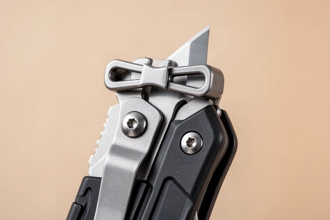 Dettaglio del crossbar lock e della vite di bloccaggio della lama su un coltello multiuso pieghevole