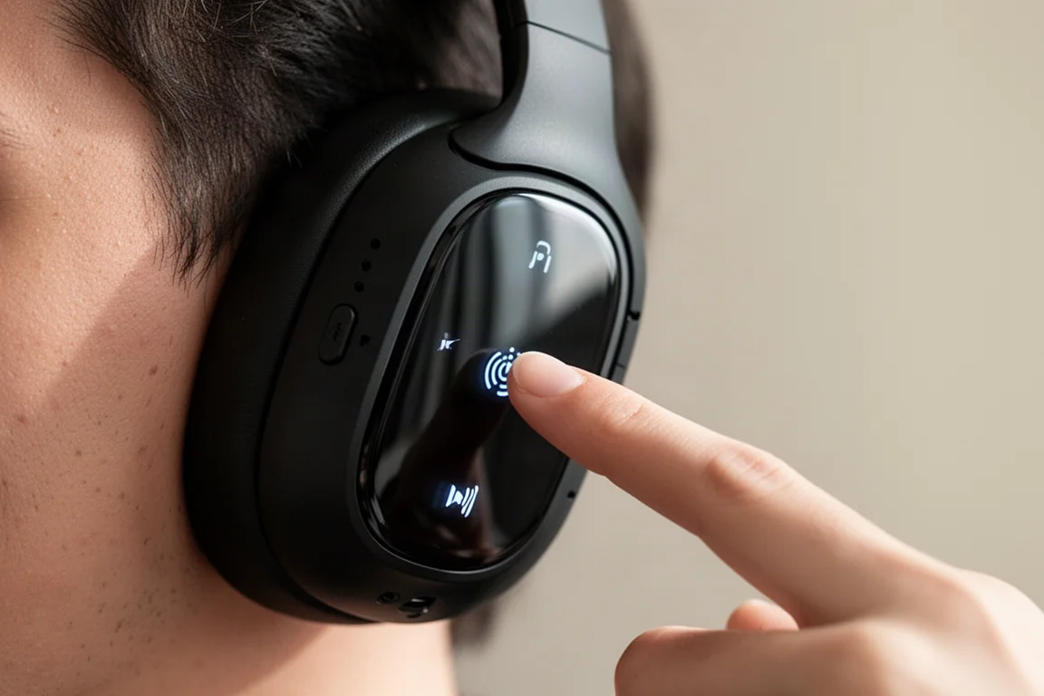 Dettaglio del pannello touch su un auricolare con un dito in avvicinamento