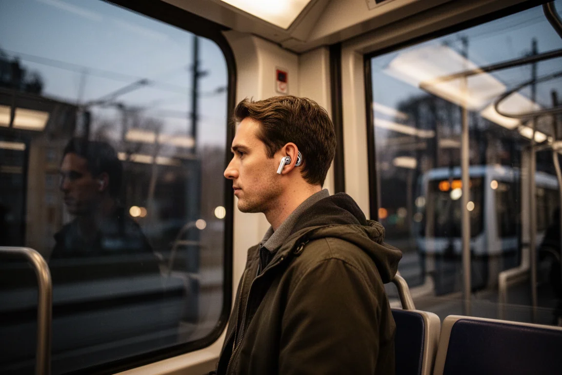 Pendolare con auricolari a orecchio aperto sui mezzi pubblici al tramonto