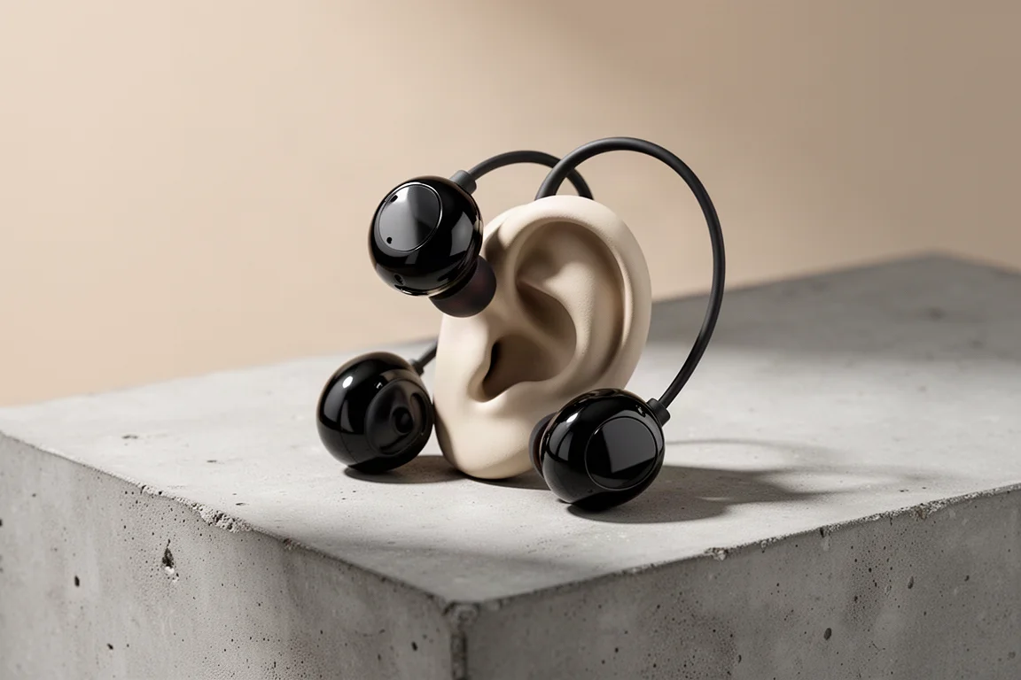 Oladance open-ear headphones resting on a matte concrete surface