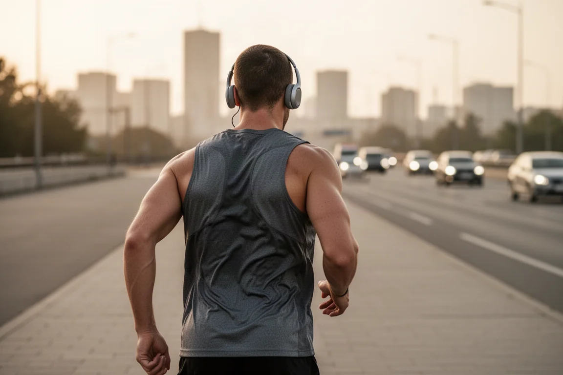 Runner wearing open-ear headphones on a paved path with traffic visible ahead