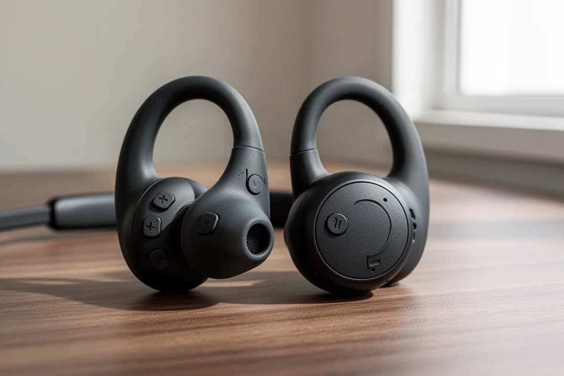Close-up of physical buttons on the speaker pod of wraparound sports headphones