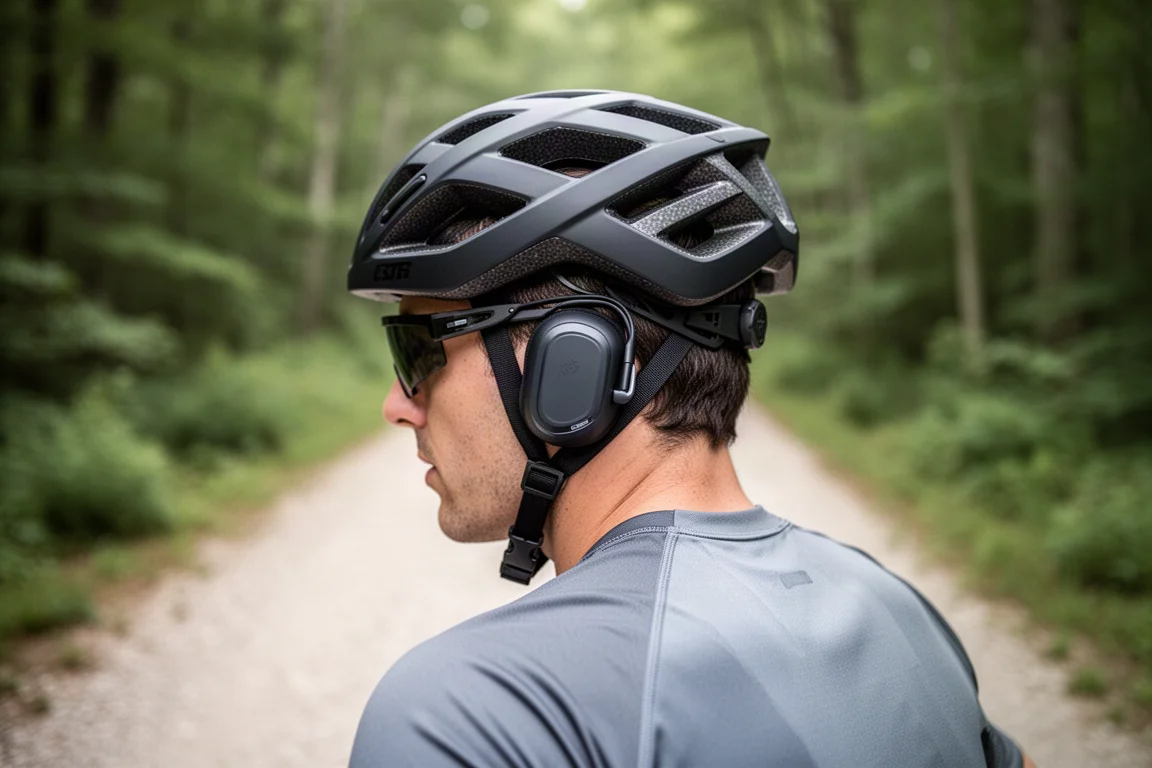 Cyclist wearing open-ear headphones under a mountain bike helmet on a forest trail