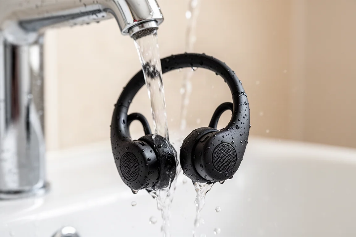 Open-ear sports headphones being rinsed under a tap, water droplets on the frame