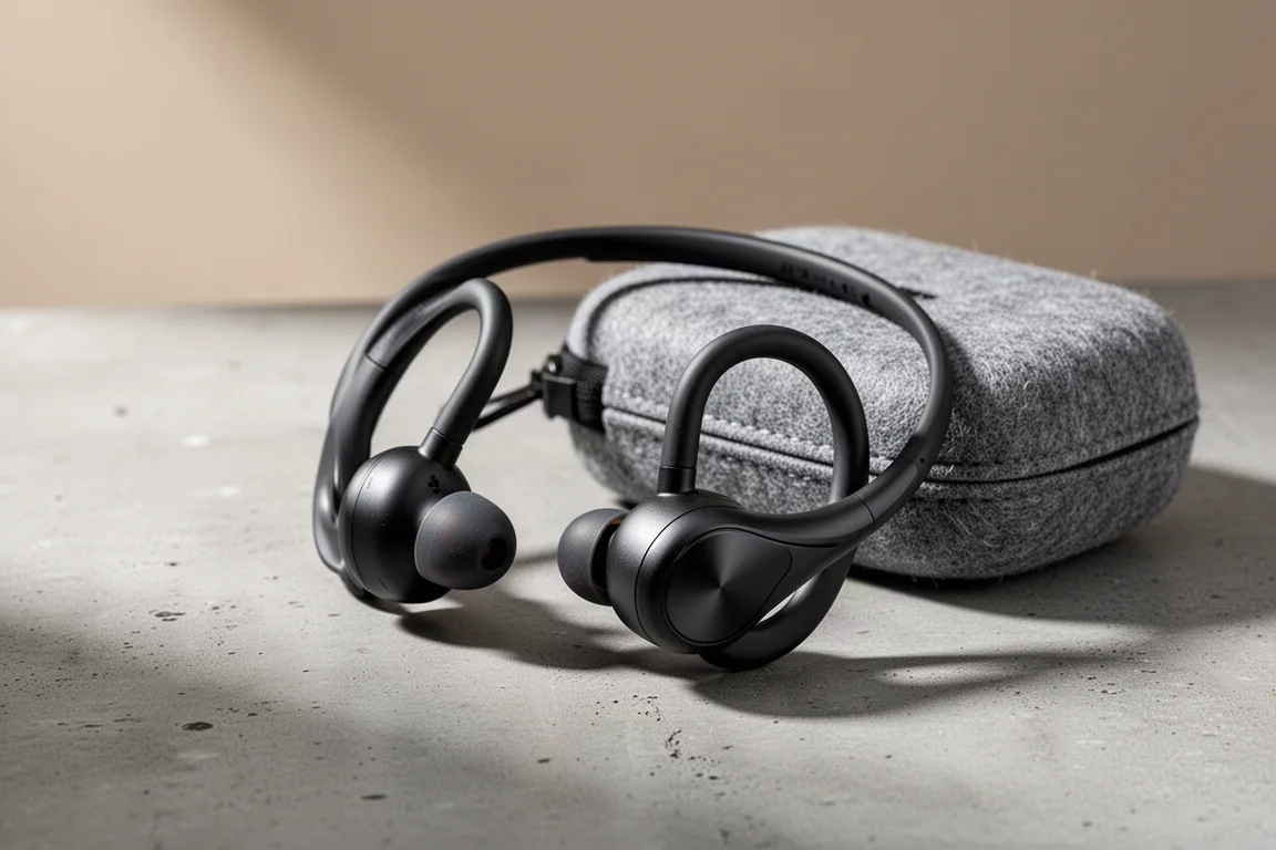 Oladance OWS Sport wraparound open-ear sports headphones with felt carrying case on concrete