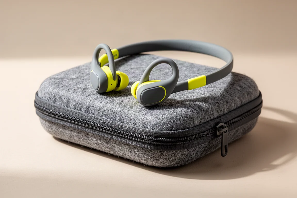 Écouteurs de sport à oreille ouverte avec tour de cou posés sur un étui de protection en feutrine