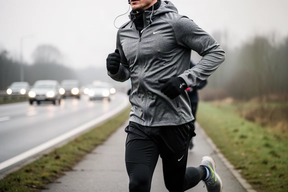 Coureur sur un chemin en bord de route fréquentée pendant une course hivernale
