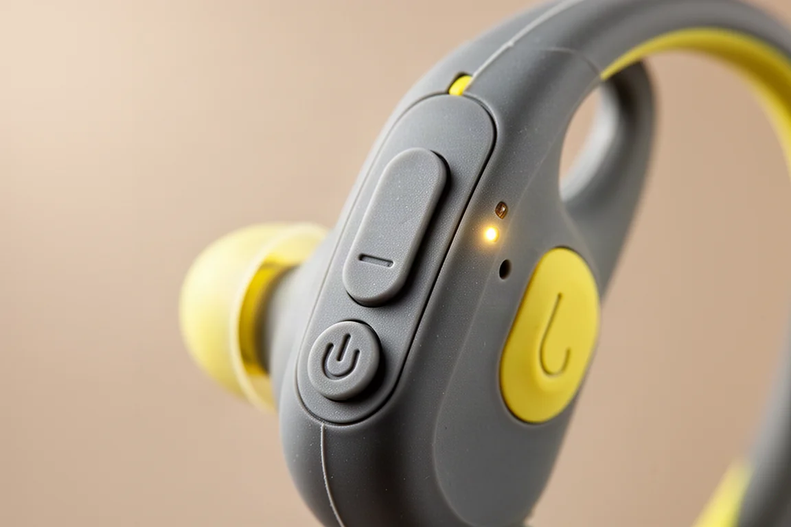 Gros plan sur les boutons physiques et le voyant LED d'un écouteur de sport