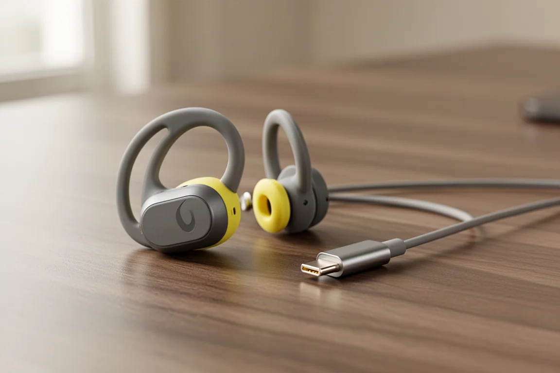 Écouteurs de sport à oreille ouverte posés à côté d'un câble de charge magnétique