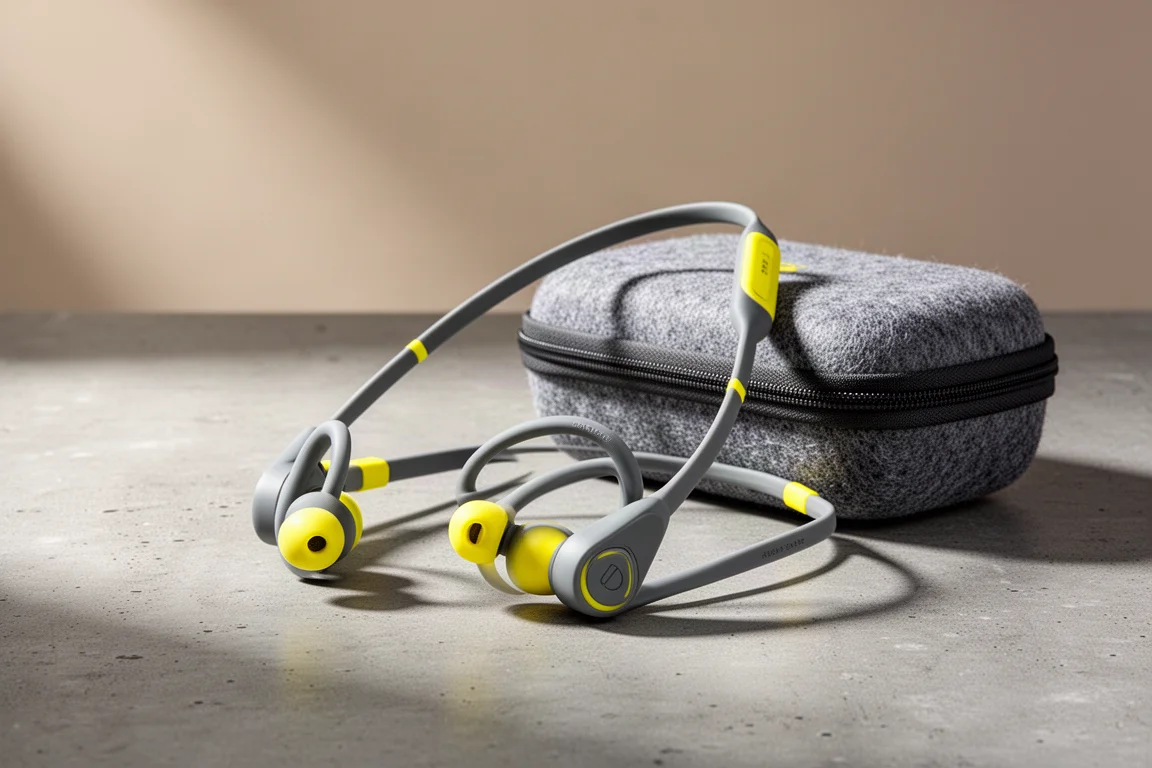 Grey and yellow open-ear sports headphones with neckband beside a felt travel case on concrete
