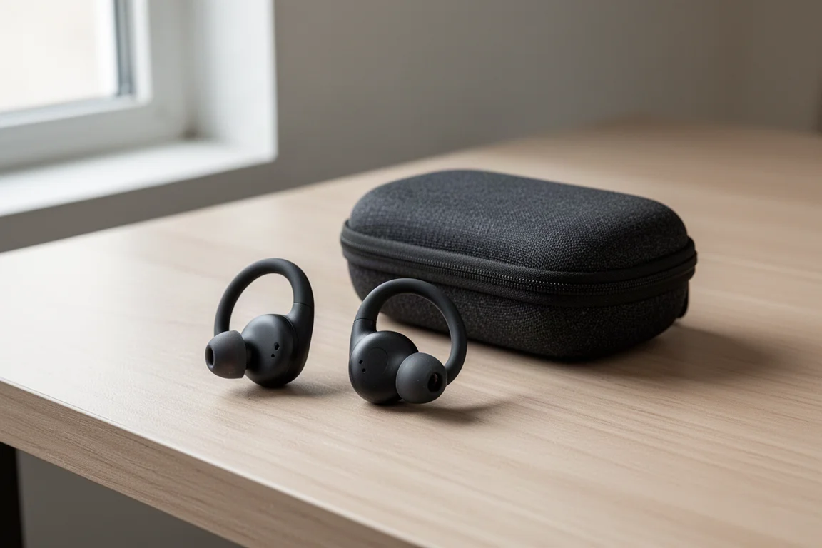 Open-ear sports earbuds beside a black carry case on a brushed wood desk
