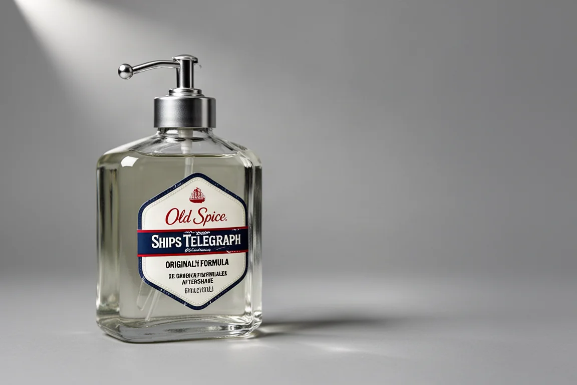 木架上擺放著復古 Gillette Brush Plus、ATRA 刮鬍刀和 Old Spice Ships Telegraph 醒酒瓶