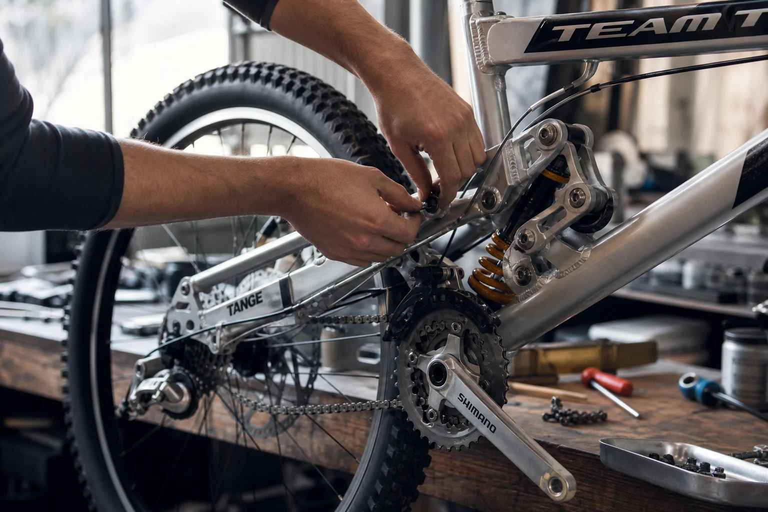 Mechaniker arbeitet an der Federung und den Antriebskomponenten eines Vintage-Downhill-Bikes
