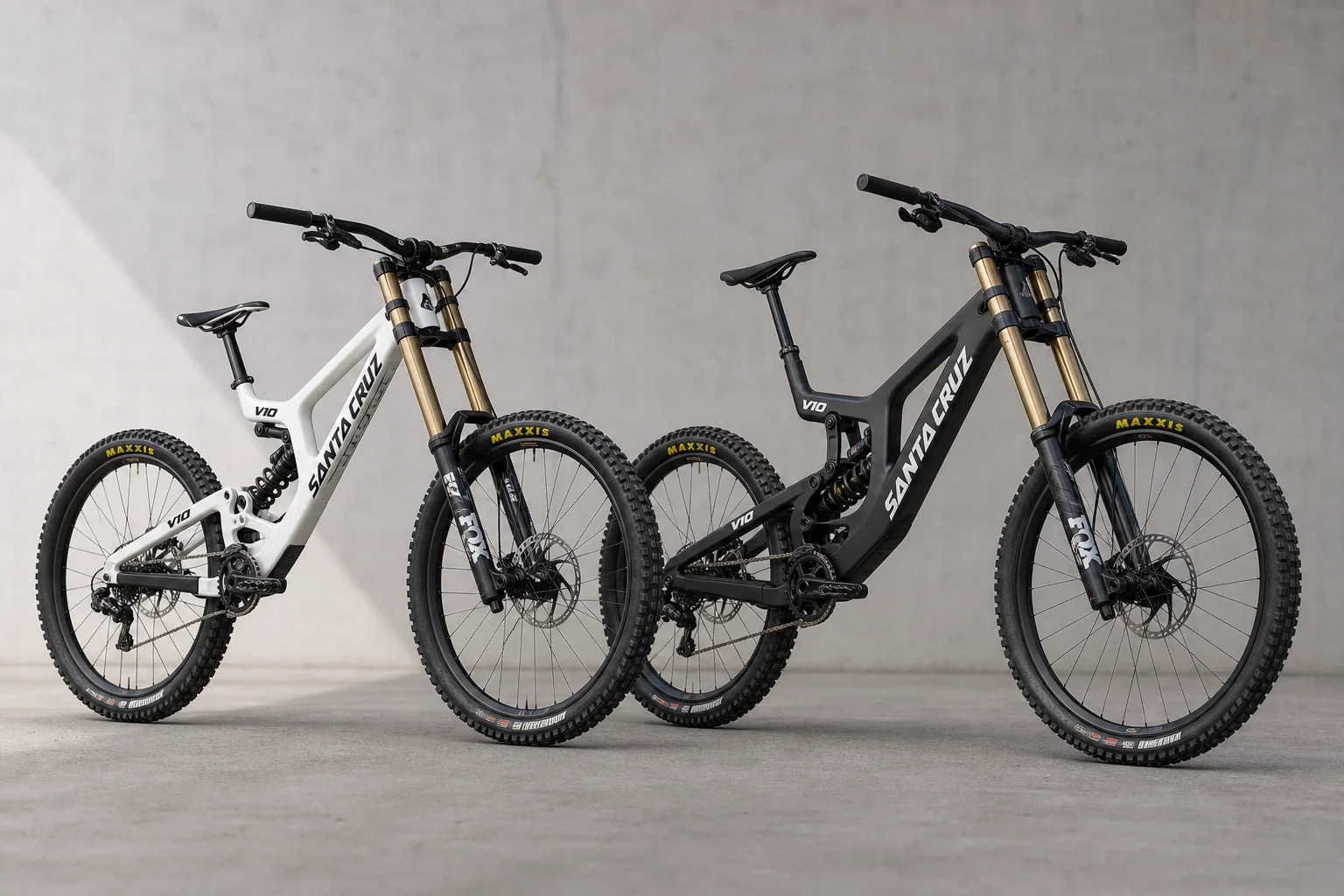 Ein 2012er Santa Cruz V10 Gen 4 und ein modernes Gen 8 Downhill-Bike nebeneinander auf Beton
