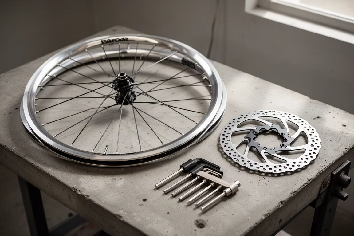 Rim brake wheel, disc brake rotor and hex keys laid out on a workshop bench