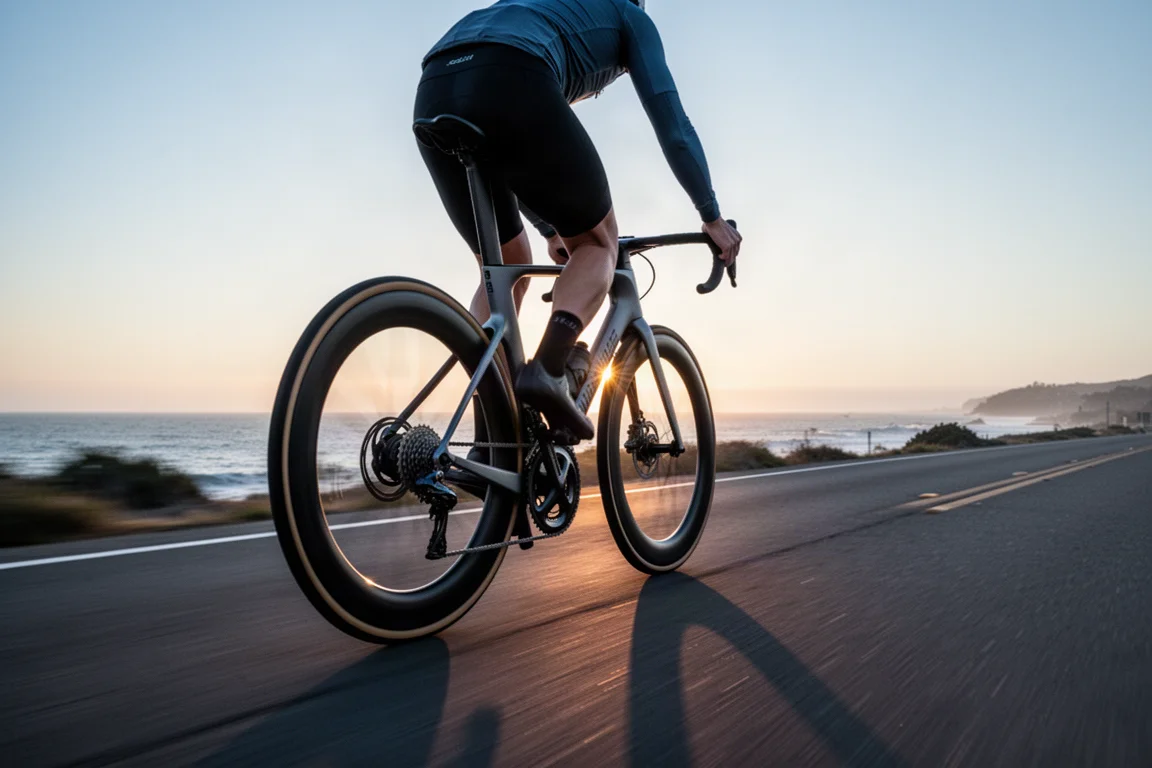 Cyclist on a modern aero road bike riding fast along a coastal road at dusk