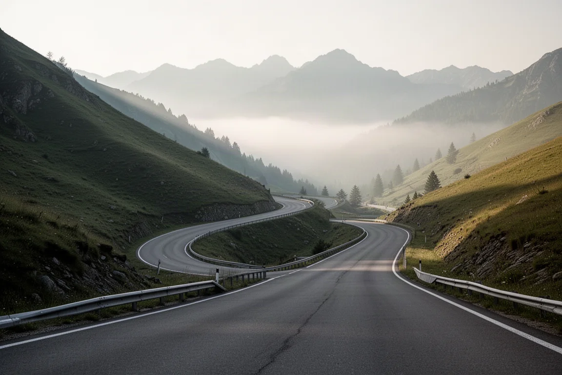 Empty mountain climb road curving upward between green hills in morning mist