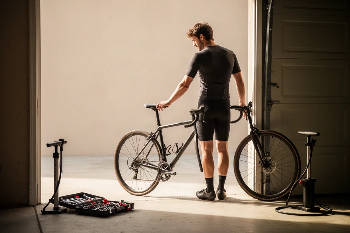 Cyclist standing beside a road bike in a sunlit garage doorway with tools nearby