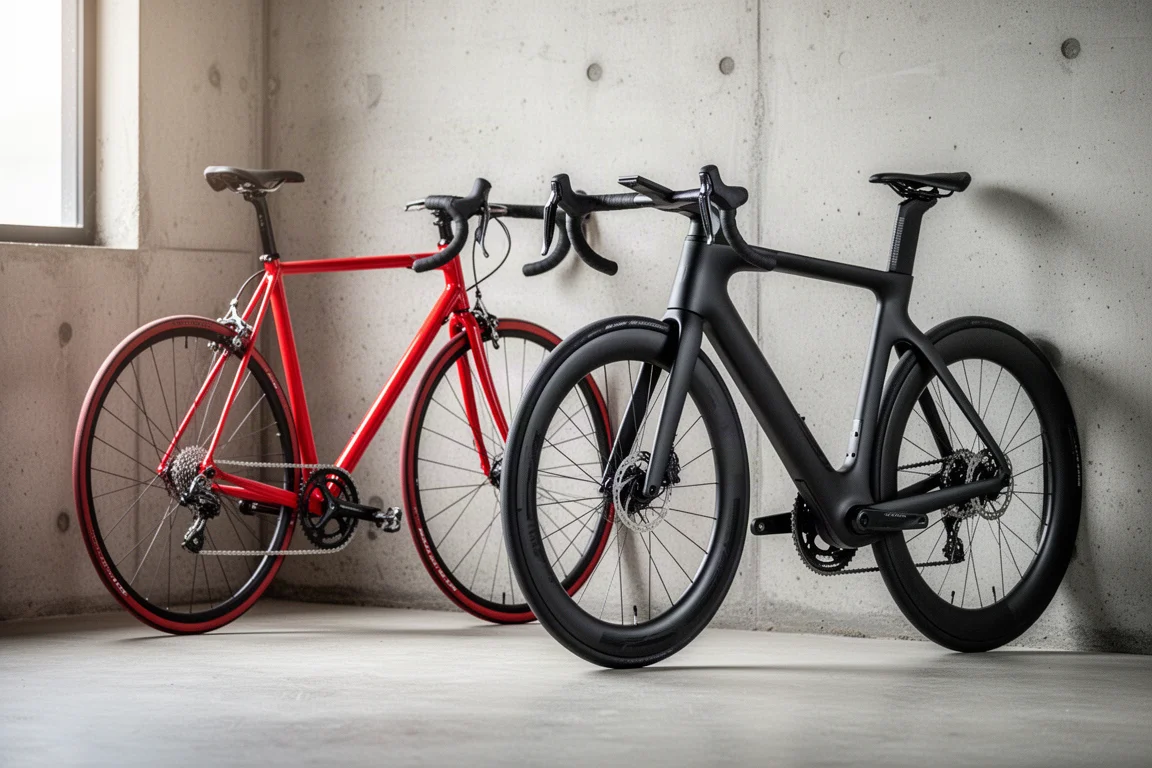 Bici da strada rossa con freni a cerchio accanto a una moderna bici da strada aero nera in un'officina luminosa