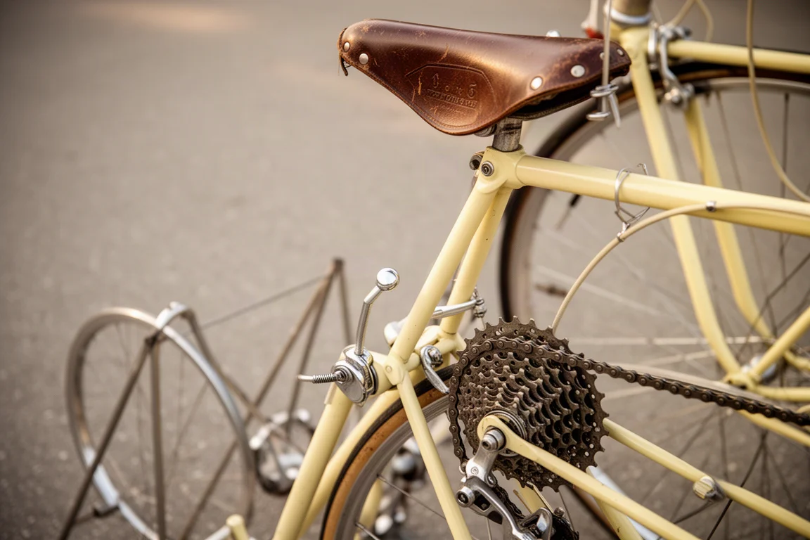 Närbild på en vintage stålracercykel med sexväxlad kassett och lädersadel