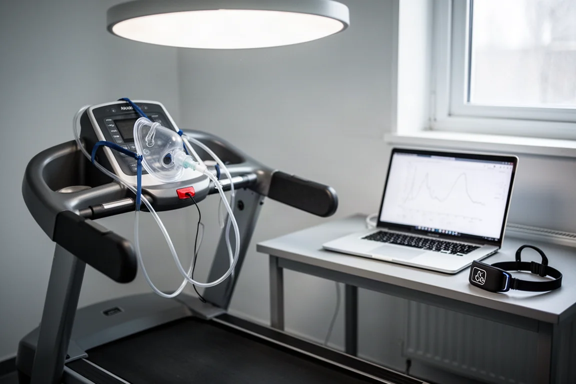 Idrottsvetenskapligt laboratorium med löpband, ansiktsmask och slangar samt laptop på en bänk
