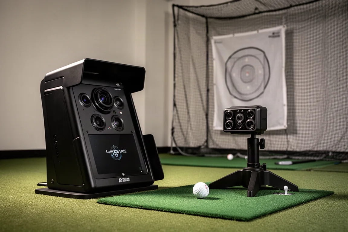 練習用ティーのゴルフボールの横にカメラアレイを備えた大型ローンチモニター