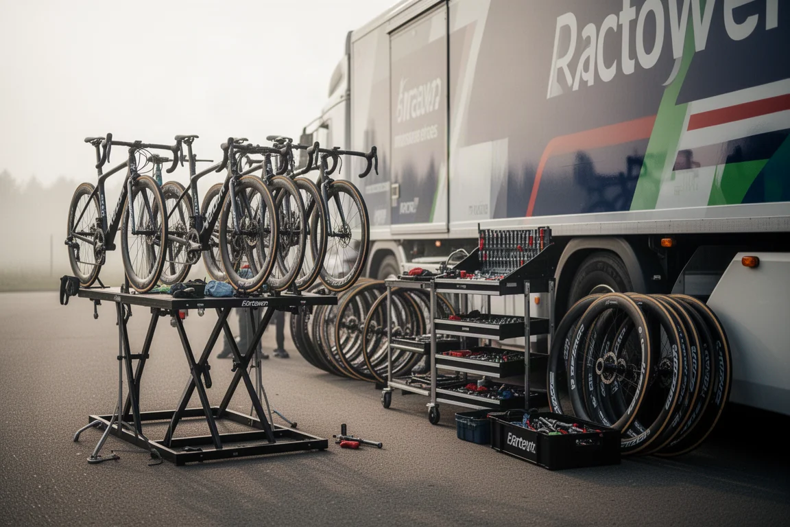 Rennräder und Mechanikerwerkzeuge, im Morgenlicht neben einem Teamtruck aufgereiht