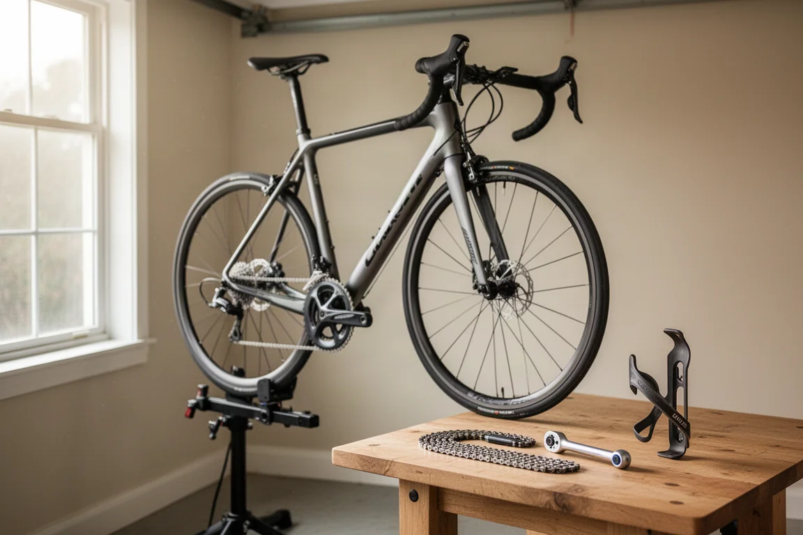Rennrad auf einem Montageständer mit Werkzeugen, die auf einer Holzbank ausgelegt sind