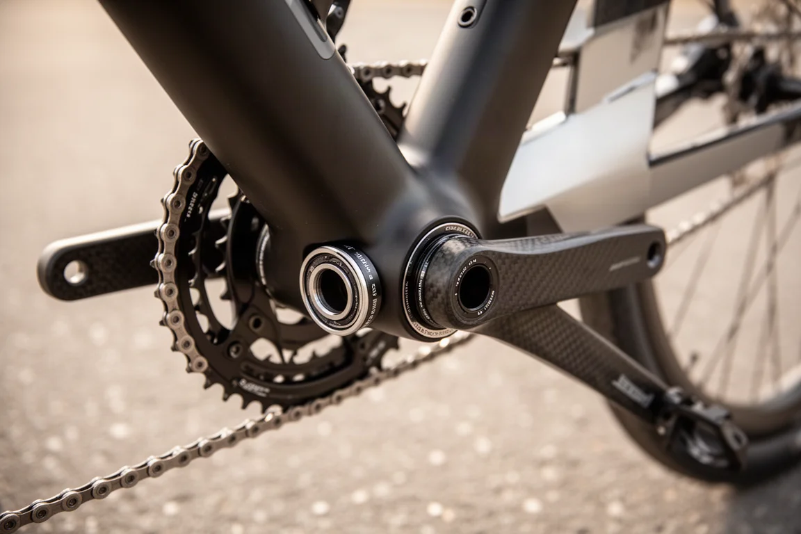 Close-up do movimento central de uma bicicleta de estrada com copos de rolamento externos e braço de manivela