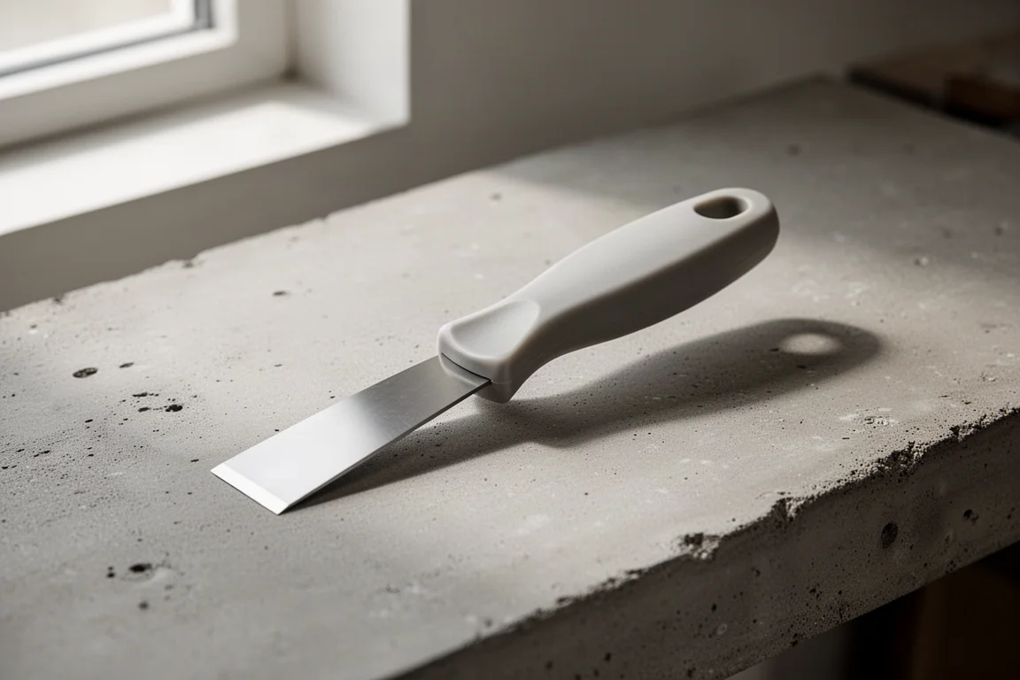 Small Olfa scraper with stainless blade on a concrete workbench
