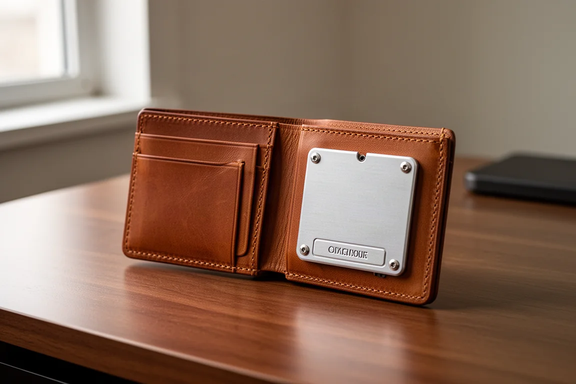 Cartera plegable de cuero engrasado marrón nuez abierta sobre un escritorio de madera