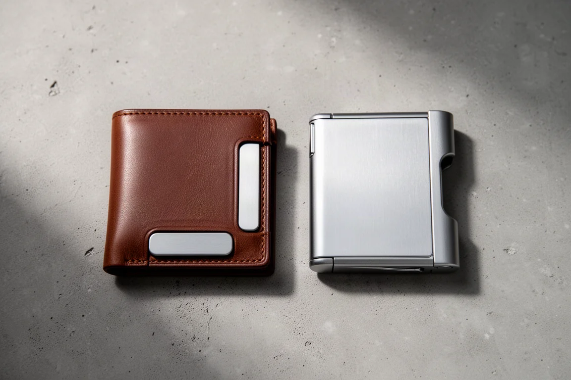 Dos carteras plegables lado a lado sobre una superficie de hormigón para compararlas