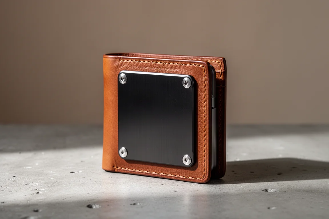 Nut brown leather and aluminum bifold wallet standing on a concrete surface