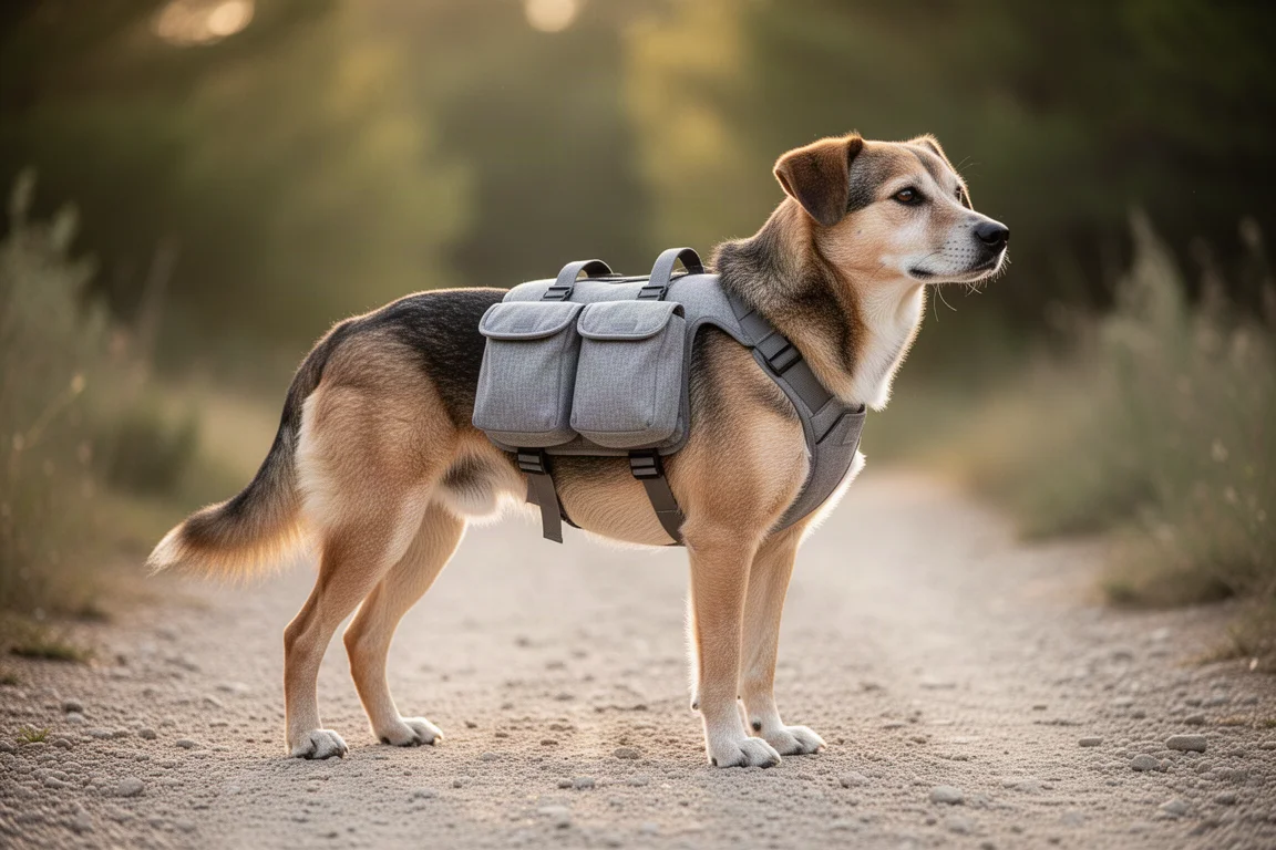 Mittelgroßer Hund mit sattelförmigem Hunde-Rucksack auf einem Wanderweg