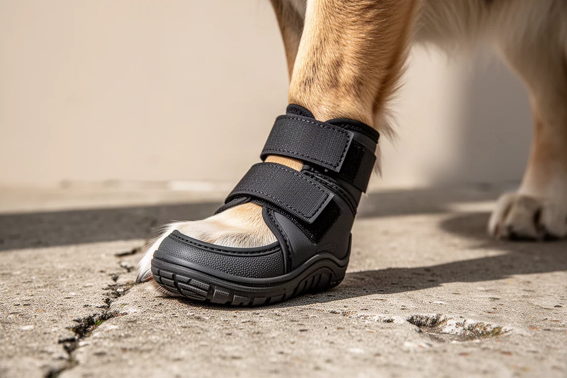Nahaufnahme einer Hundepfote mit geschütztem Hundeschuh mit Gummisohle