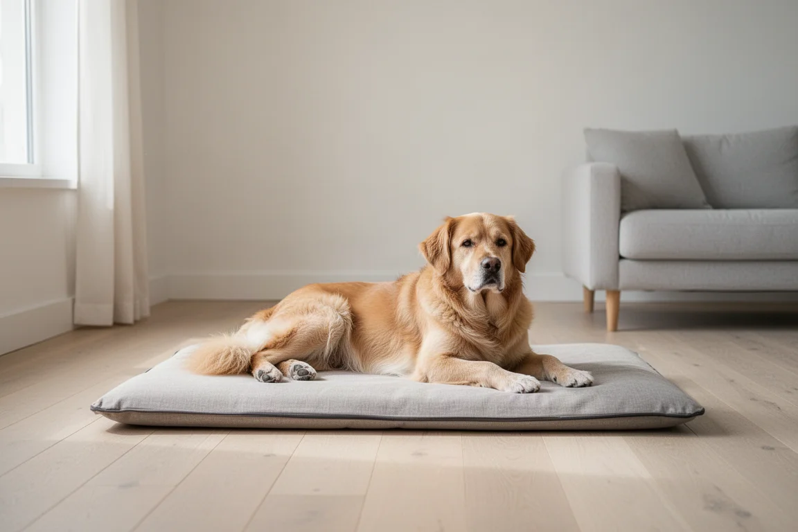 Hund ruht auf einer einfachen rechteckigen Matte in einem hellen Wohnraum