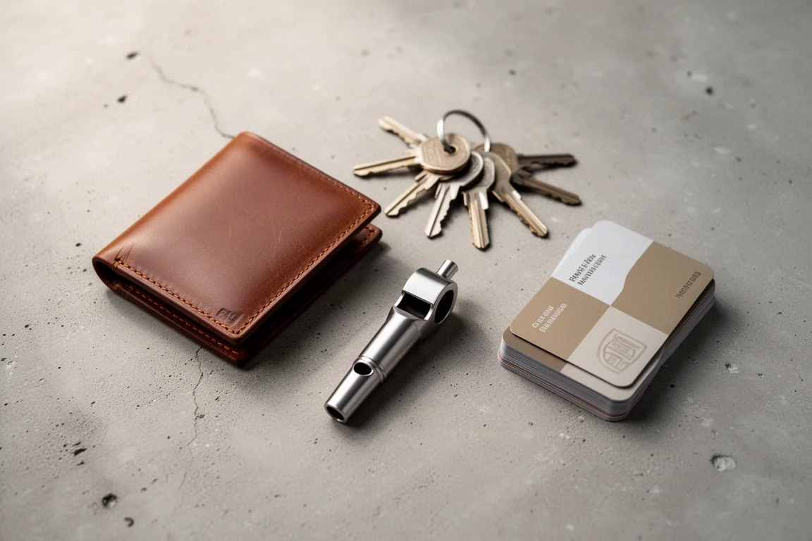 Zestaw EDC na betonie: portfel, klucze i drobne narzędzia