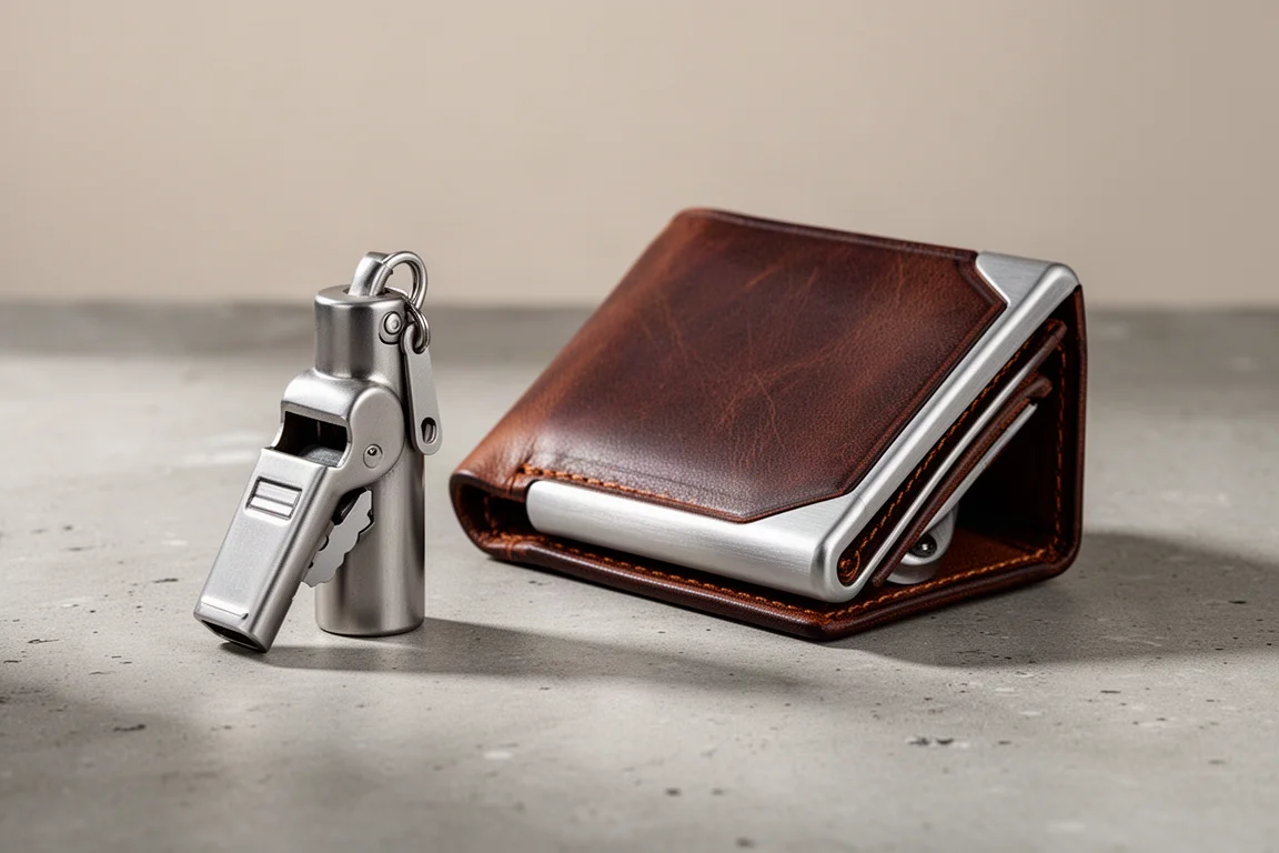 鈦金屬 EDC 哨子工具與皮革對摺錢包放在水泥表面上