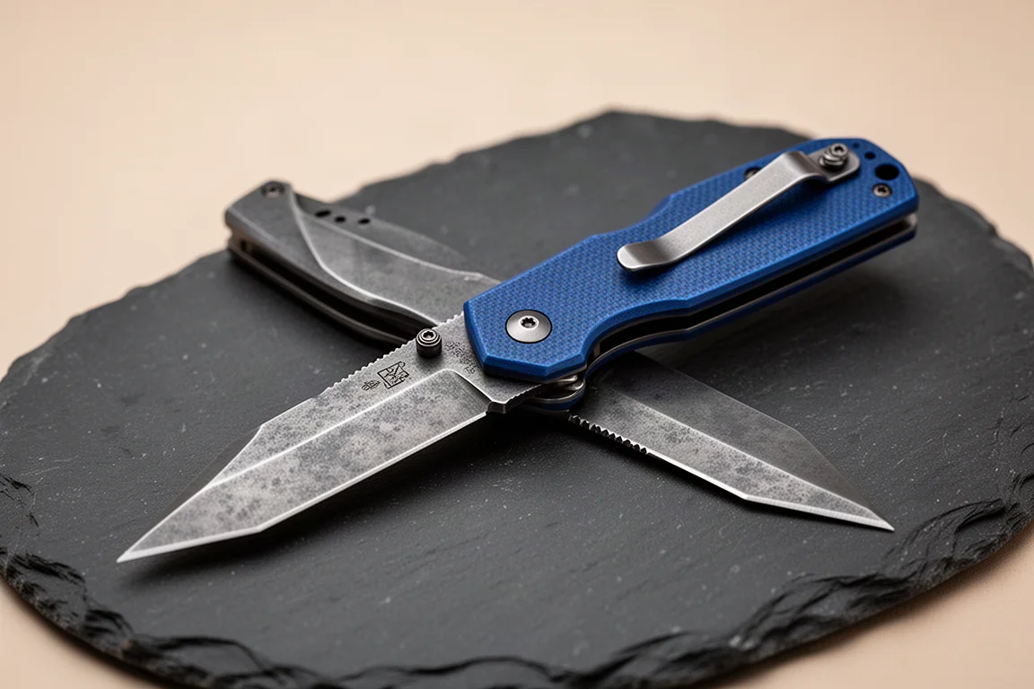 折疊刀展開,石洗 Tanto 刀刃搭配藍色 G10 握柄