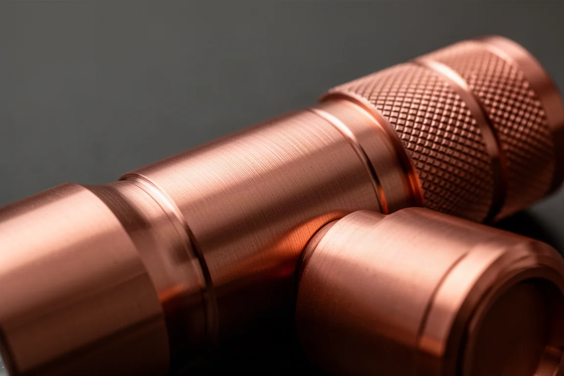 Gros plan sur un corps de lampe torche en cuivre montrant une texture métallique chaude