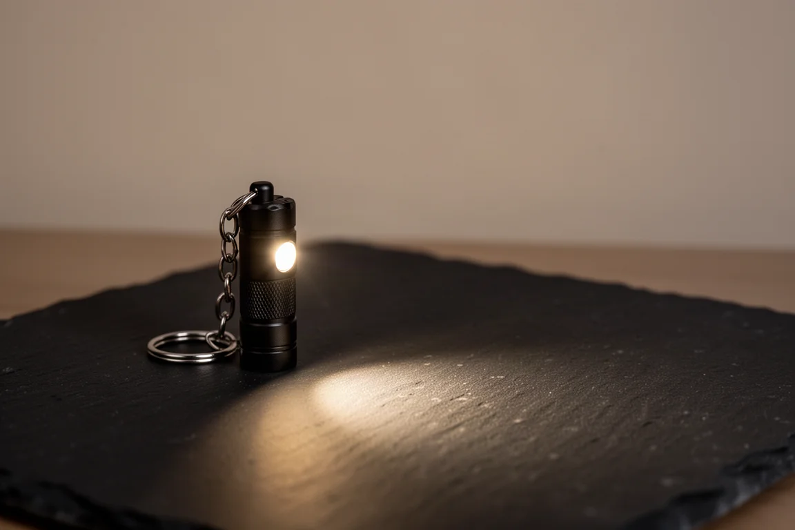 Petite lampe porte-clés projetant un faisceau blanc neutre et chaud sur une table
