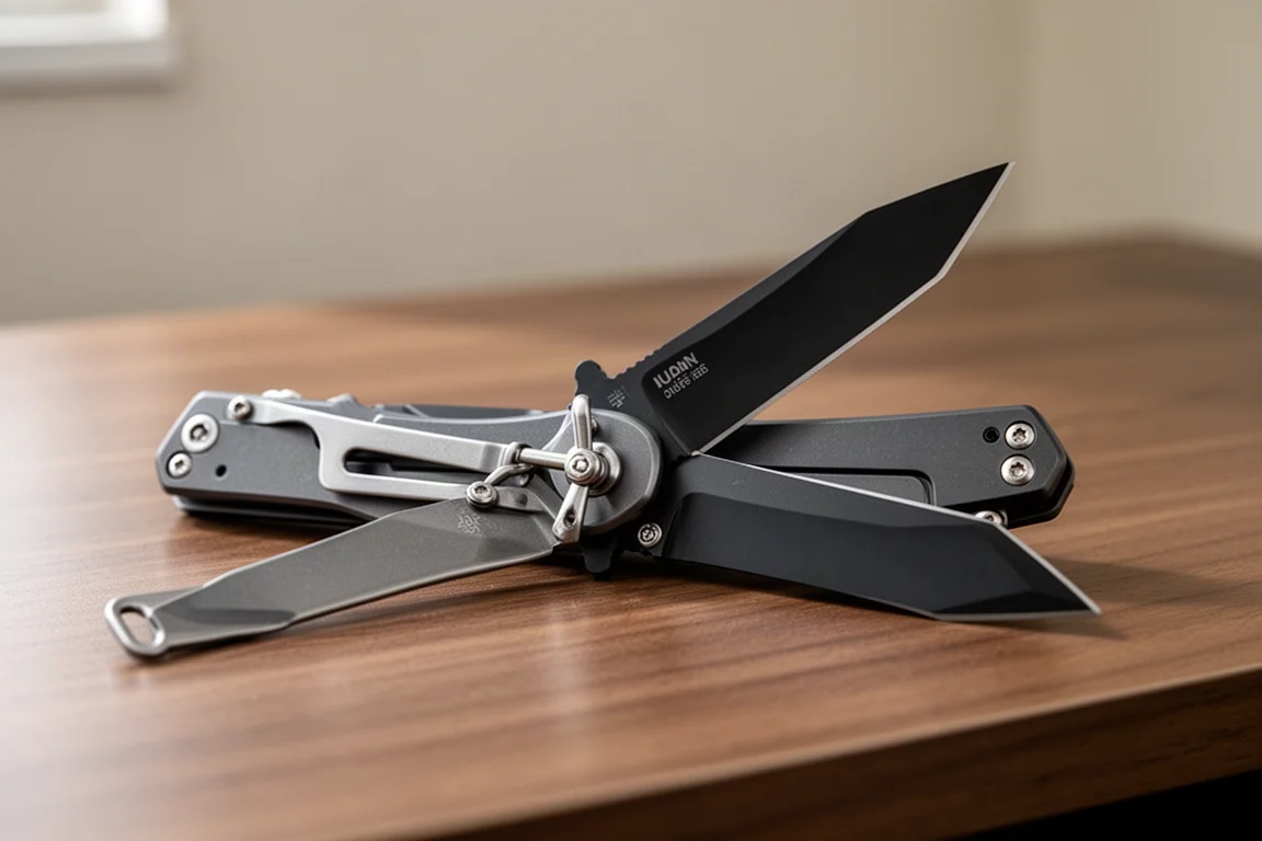 Coltello chiudibile parzialmente aperto su una scrivania in legno che mostra il suo frame lock