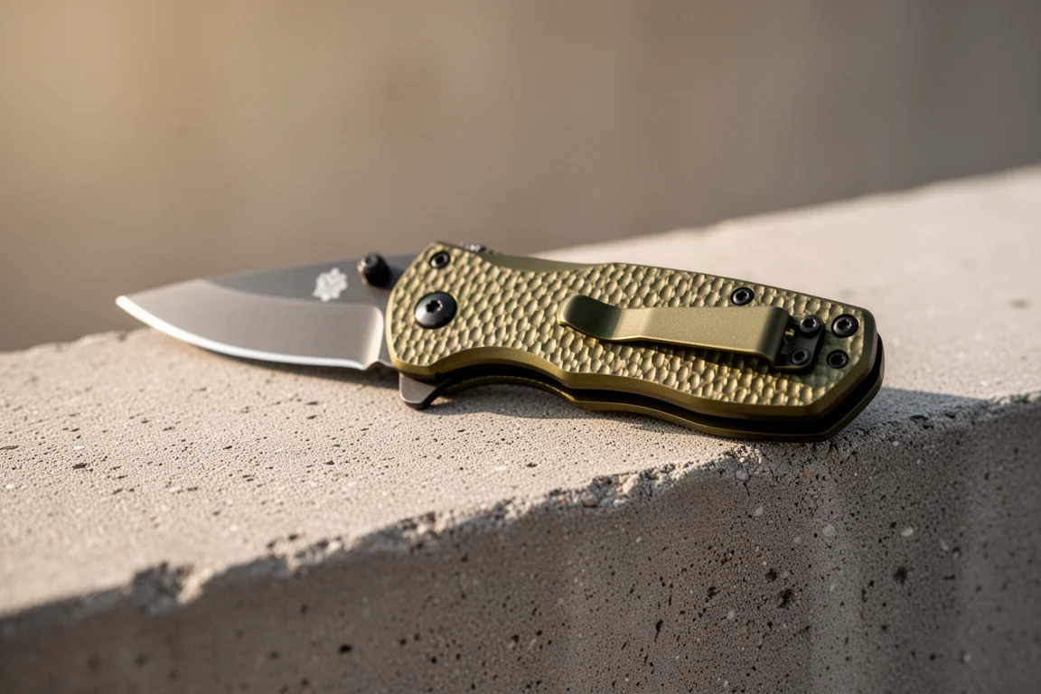 Manico in alluminio texturizzato di un coltello con clip da tasca incassata nella luce calda del pomeriggio