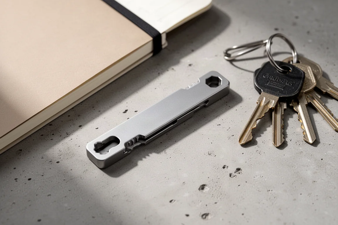 Sottile pry bar multi-tool in titanio appoggiata in piano accanto a oggetti da scrivania quotidiani