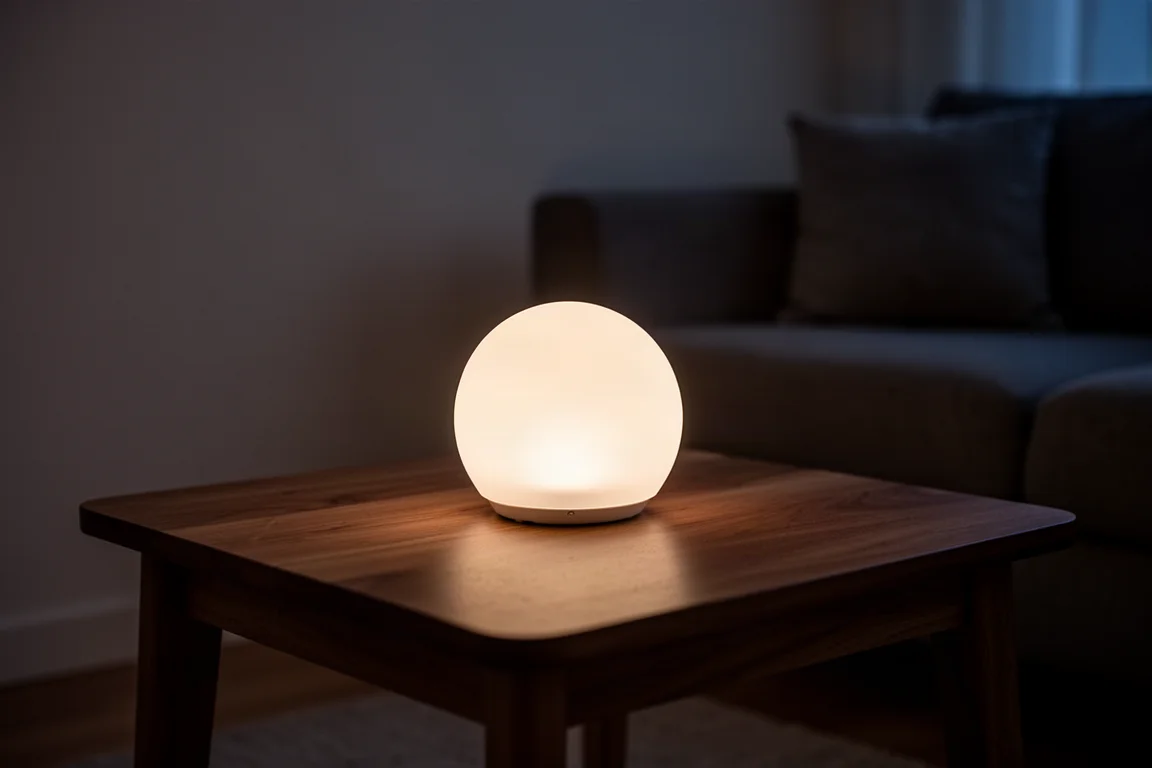 Lanterna LED sferica che emette una luce soffusa su un tavolo al tramonto