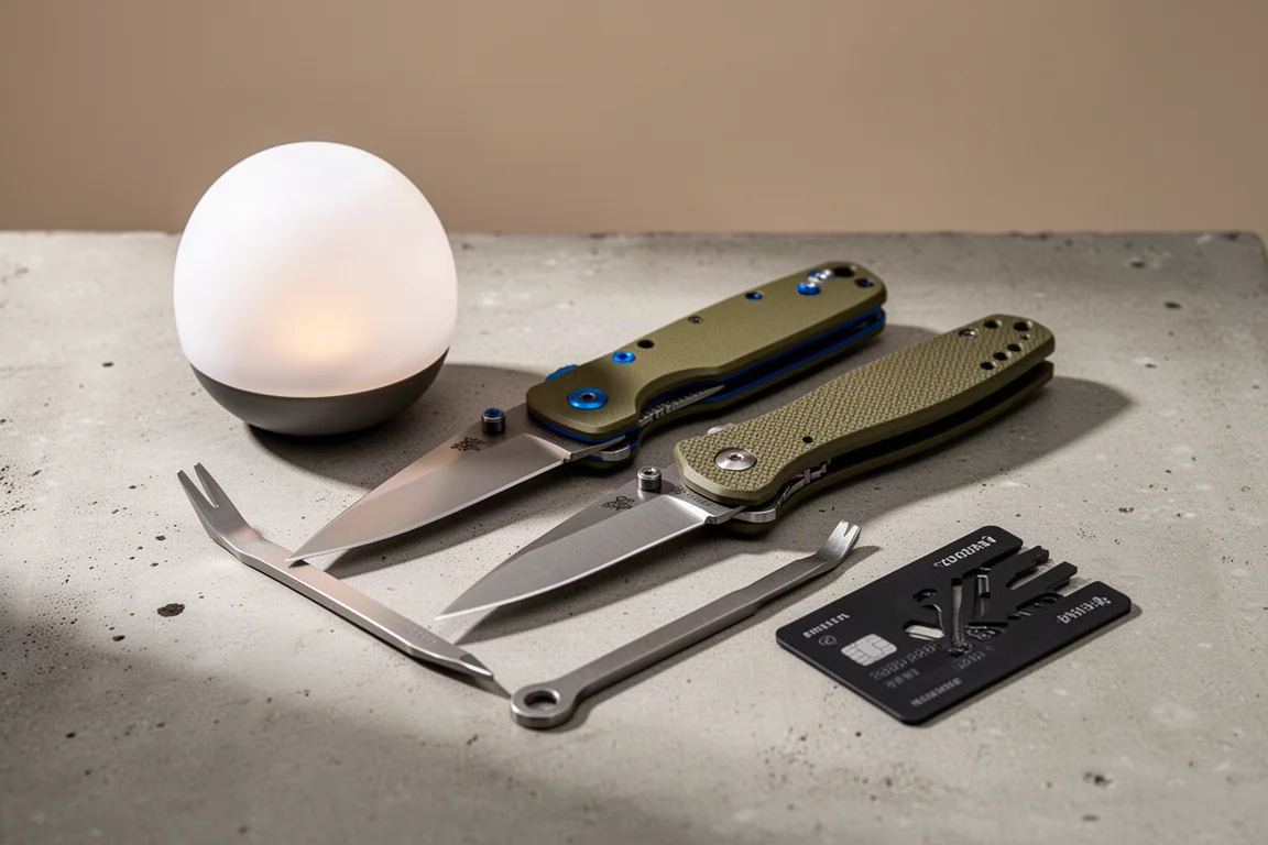 Olight 燈籠、兩把折疊刀與兩款多功能工具排列在混凝土表面上