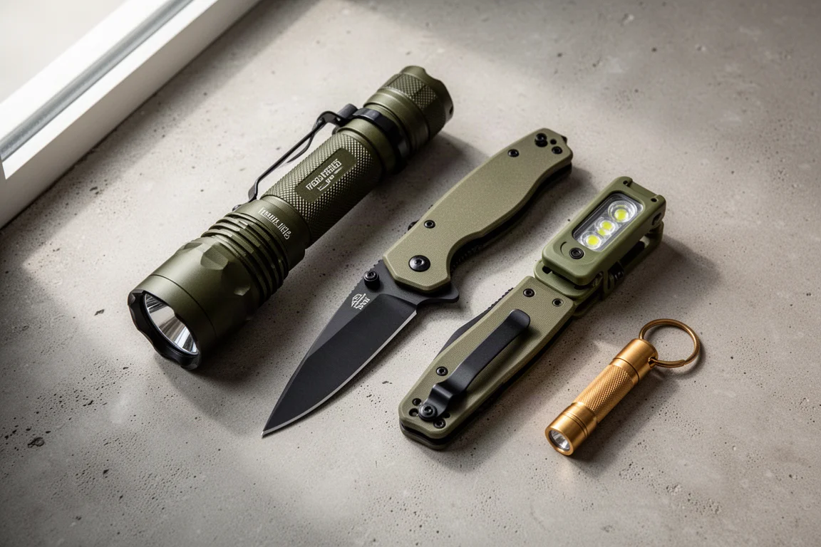 A collection of flashlights and a folding knife laid out on a concrete surface