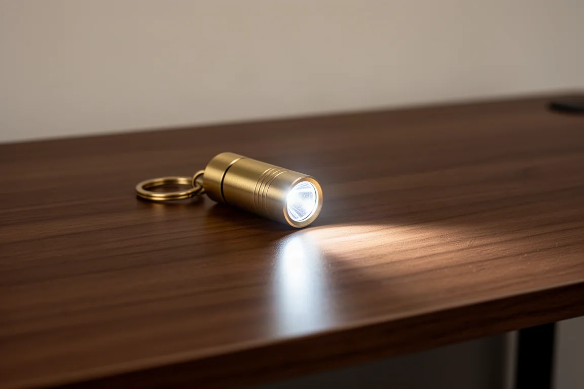 Small brass keychain flashlight with a bright cool-white beam on a wooden desk