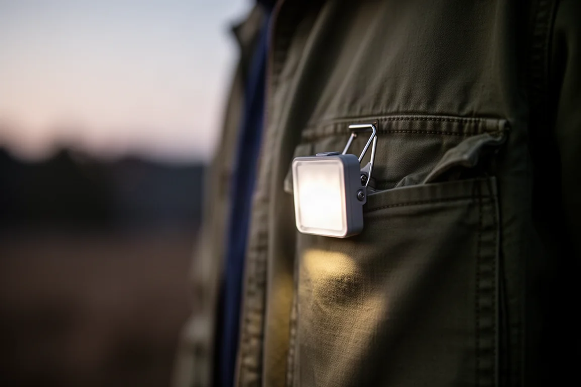 Compact clip-on light attached to a shirt pocket casting light outdoors